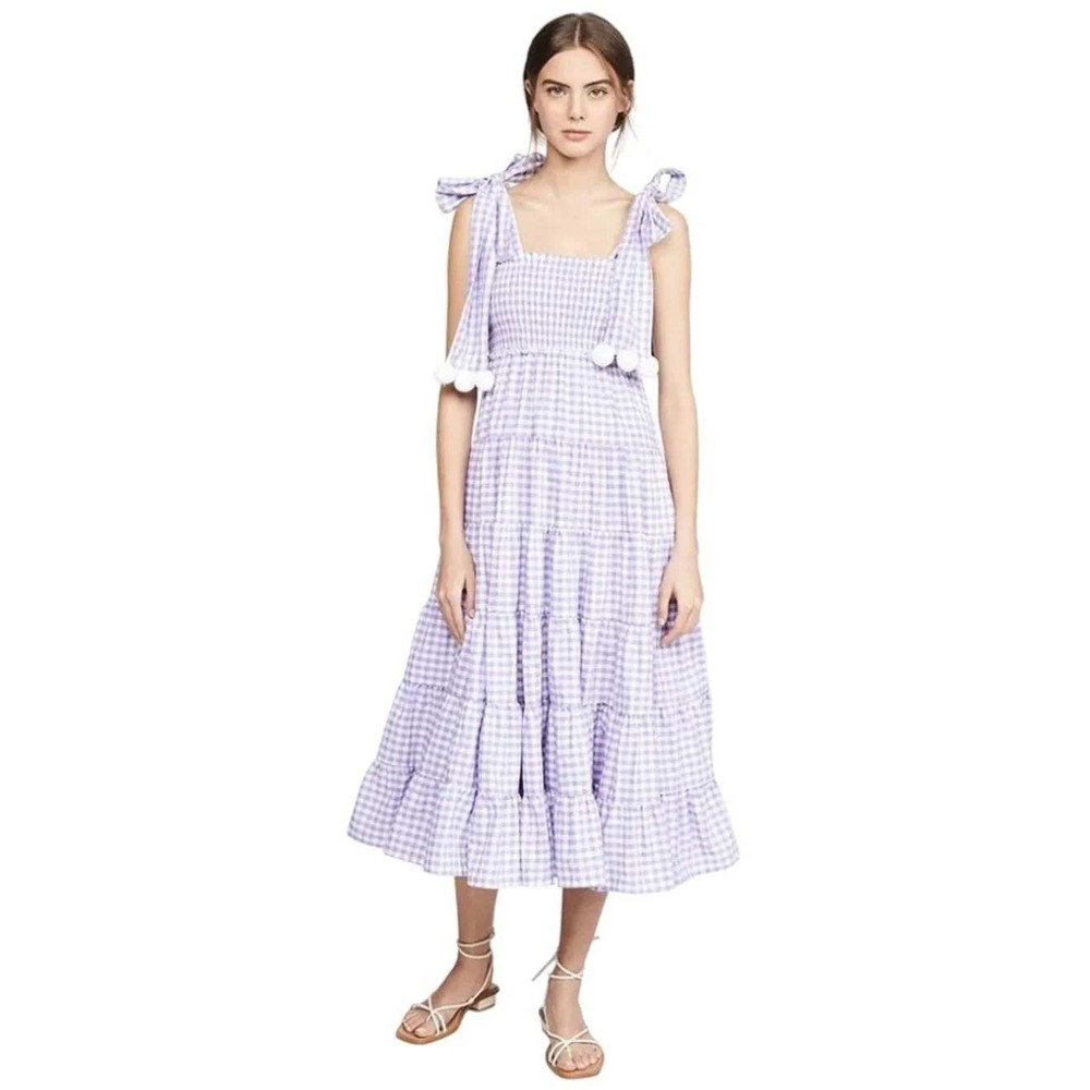 Gingham Smocked Tiered Maxi Sun Dress S Purple White Pom Pom Coastal Boho Picnic